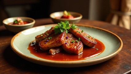 Savory Pan-Seared Delicacy in Rich Glaze, Garnished with Fresh Herbs, Served on Elegant Plate