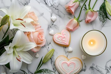 A minimalistic Valentine's Day setup featuring heart-shaped cookies, pink roses, white lilies, and a lit candle on a marble surface. MZ
