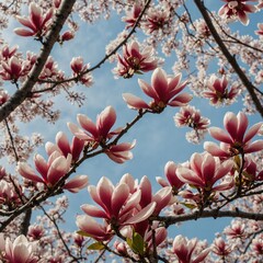 Red magnolia blossoms against the backdrop of white cherry blossoms.