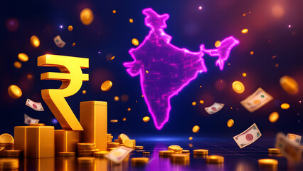 Indian economy growth background, online business growth concept with Indian rupee and graph. 3D rendering illustration with stock market data. golden colored