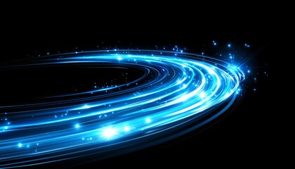 Obraz premium Abstract Blue Light Trails on a Curved Path with Sparkling Effect on Black background