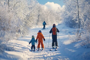 Family enjoys skiing on a snowy trail surrounded by frosty trees on a bright winter day