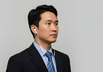 Man in suit listening to music with earphones professional businessman