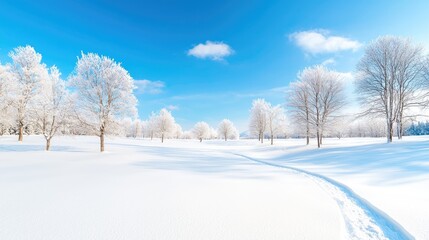 Obraz premium Snowy landscape winter trees, footpath, bright sky. Ideal for winter travel brochures