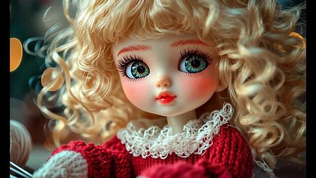 Adorable BJD Doll in Red Sweater, Knitting Yarn