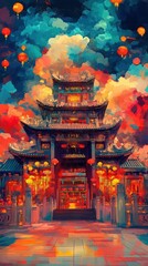 Fototapeta premium A Vibrant Painting Of A Chinese Temple, Glowing With Warm Light Under A Dramatic, Colorful Sky Filled With Lanterns. It Evokes A Sense Of Wonder And Celebration.
