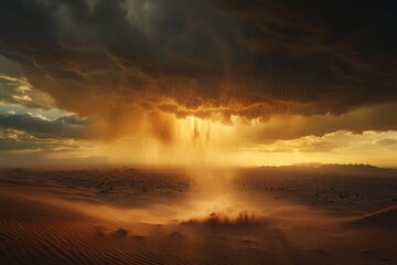 Majestic desert rainstorm illuminates the sky with vibrant colors at sunset