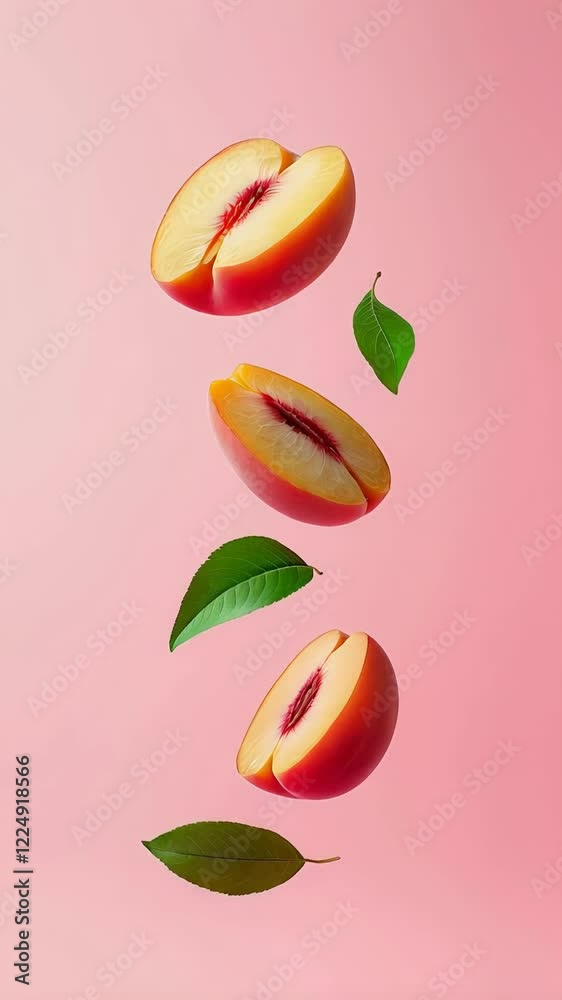 Poster ripe peach halves and green leaves are levitating against a vibrant pink backdrop, creating a visual
