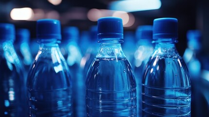 Close-up of several plastic water bottles with blue caps.