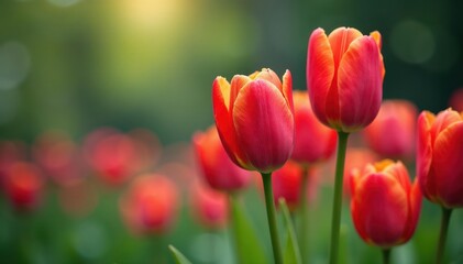 Obraz premium Tulips in a garden with blurry background and raindrops, floral arrangement, soft focus background