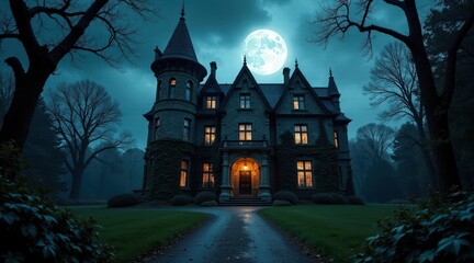 Enigmatic Stone Mansion Under a Serene Night Sky, Illuminated Windows Glow Mysteriously, Pathway Leads to Entrance