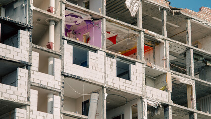 destroyed and burned houses in the city in Ukraine