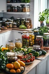 Lots of vegetables and fruits on the background of the kitchen. Selective focus.