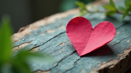 Obraz premium A crimson heart of paper rests gently on aged, weathered wood, framed by soft green foliage