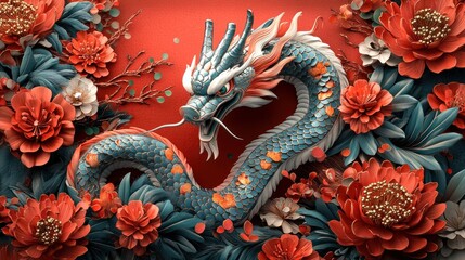 Fototapeta premium A Majestic Teal Dragon, Adorned With Gold Accents, Gracefully Winds Through A Vibrant Arrangement Of Red And Teal Paper Flowers. The Scene Evokes A Luxurious, Fantasy-Like Atmosphere.