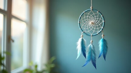 Obraz premium Serene Teal Dream Catcher with Soft Feathers Hanging Near a Bright Window