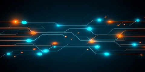Abstract Technology Network. Glowing Blue and Orange Trails, Circuit Board on Dark Background.
