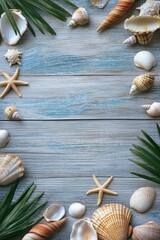 Wooden background with shells and palm leaf. Selective focus.