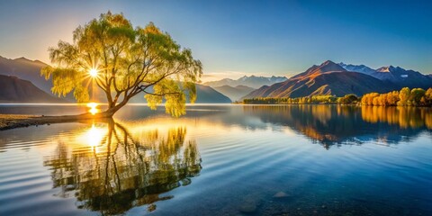 Obraz premium Serene Wanaka Lake Sunrise: Majestic Willow Tree & Mountain Reflections