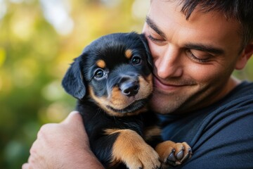 Man enjoys a tender moment with his adorable rottweiler puppy in a sunny outdoor setting