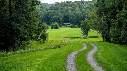 Naklejka premium Winding country road leads to a farmhouse in a lush green valley. Ideal for travel brochures