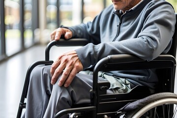 A man with a physical handicap and a mobility issue uses a wheelchair. Close-up with copy space