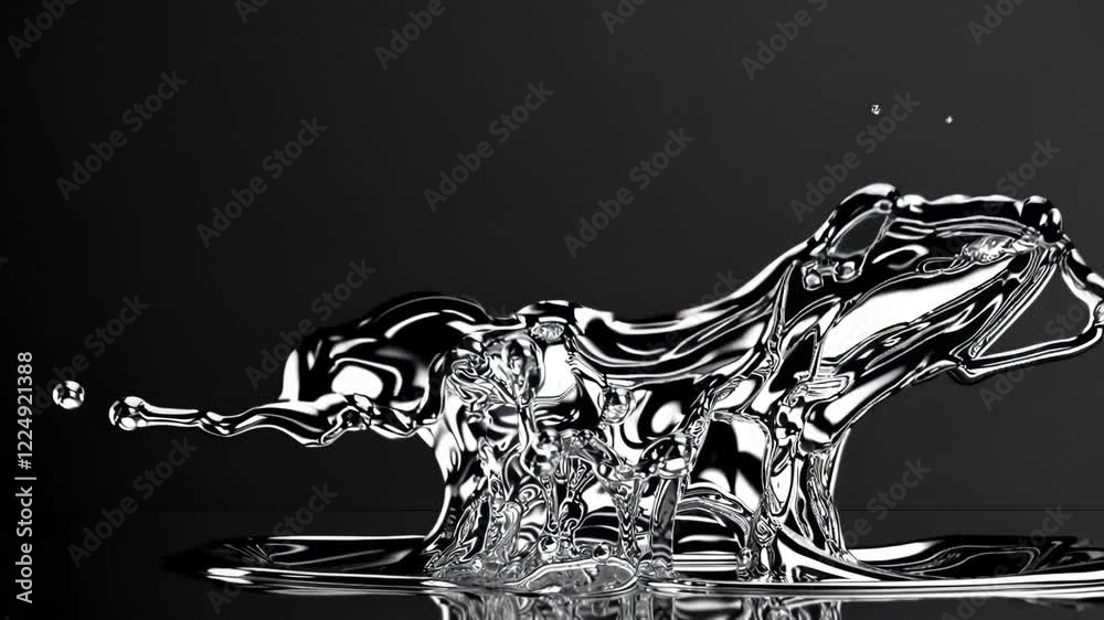 Poster abstract metallic liquid splash forming an elegant shape against a sleek black background