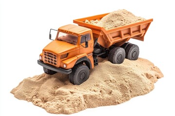 Dump Truck filled with sand isolated on white background. Dump Truck icon. Heavy Machinery. Construction Vehicle with sand. Dump Truck Design Element. Sand-filled Dump Truck isolated.