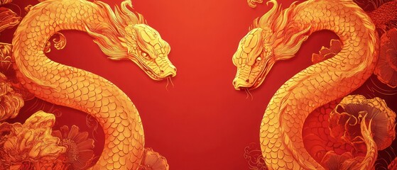 Fototapeta premium Two Golden Dragons Face Each Other On A Red Background, Detailed Scales And Vibrant Colors. A Classic, Powerful Image.