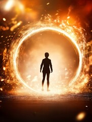A Silhouette of a Person Standing in a Glowing Circle - A lone figure stands before a fiery portal, symbolizing transition, mystery, hope, power, and the unknown.  A journey awaits.