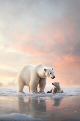 Fototapeta premium Gentle bond between a mother polar bear and her curious cub in a serene arctic landscape at dusk. Generative AI