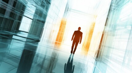 Fototapeta premium Silhouette of a businessperson walking through a modern, abstract corridor with glowing lights