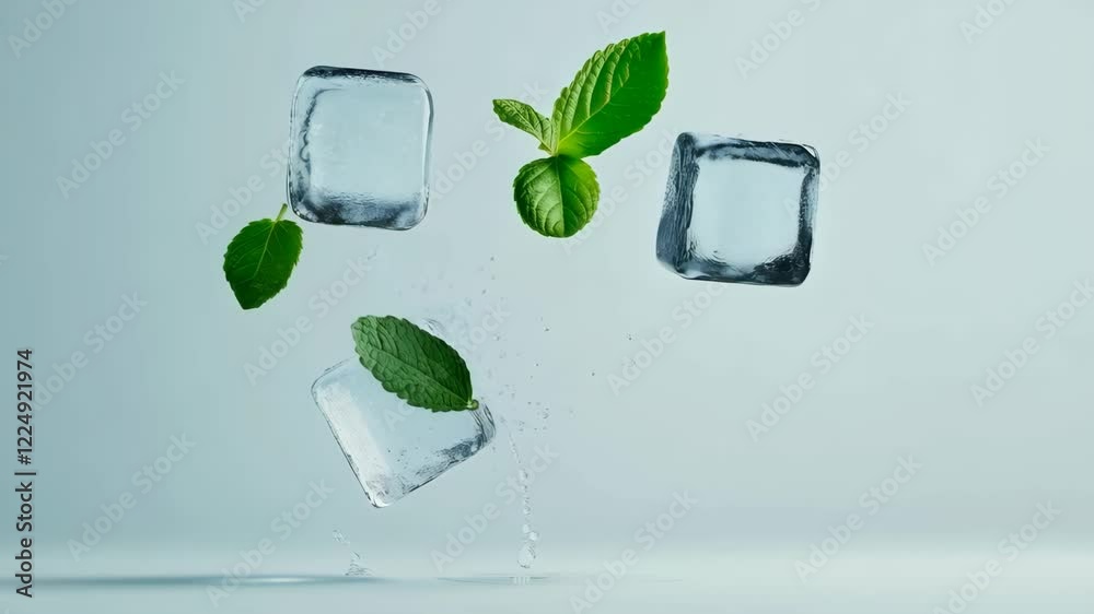 Poster ice cubes and mint leaves are levitating, creating a refreshing and cool visual effect against a sof