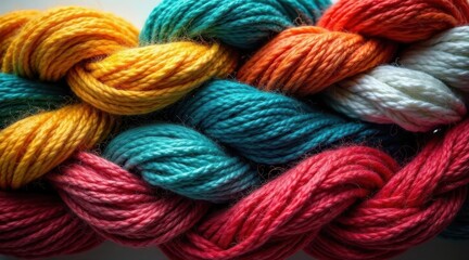 A vibrant array of intertwined colorful threads, showcasing a spectrum of hues and textures in a close-up view, highlighting the intricate details of yarn fibers.