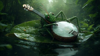 Grasshopper banjo player in jungle swamp