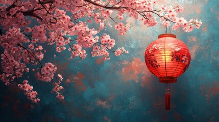 Obraz premium A Glowing Red Chinese Lantern Hangs Beneath A Blossoming Cherry Tree Branch Against A Teal Textured Background. It Evokes A Serene, Peaceful Springtime Mood.