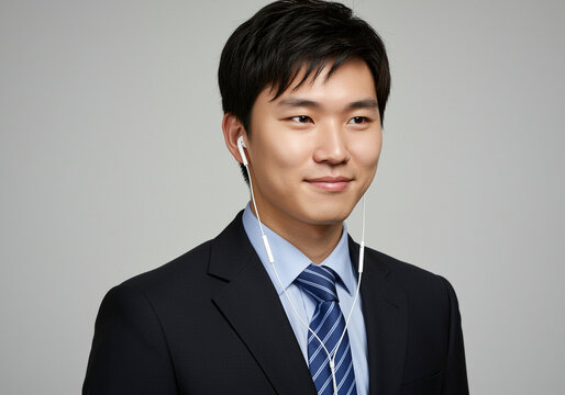 Businessman with headphones enjoying music in a formal suit smiling confidently