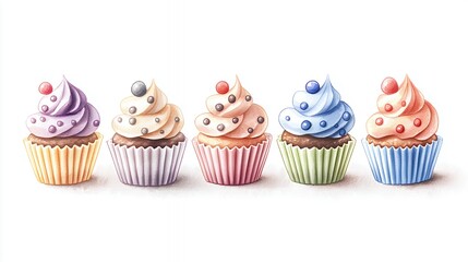 Five Pastel Cupcakes With Berry and Chocolate Decorations