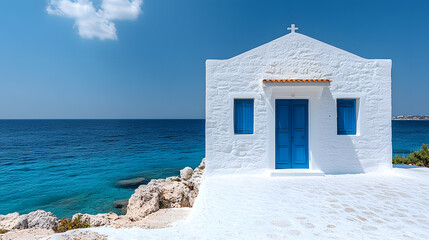 A beautiful photography of a quiet beachside chapel in Greece, its whitewashed walls and bright blue roof standing against a backdrop of endless blue waters.
