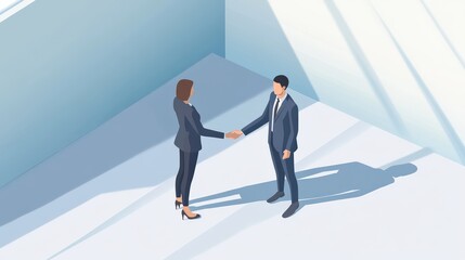 Obraz premium Business professionals shaking hands in a modern office space with bright lighting and shadows