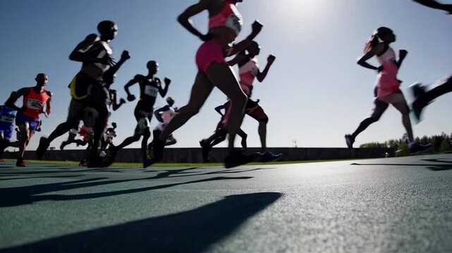 Runners sprinting at dawn, urban fitness scene.