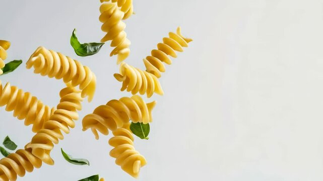 Several pieces of fusilli pasta and basil leaves are levitating against a minimalist white background, creating a visually appealing scene with potential for copy space