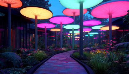 Colorful illuminated mushrooms create a whimsical garden path.