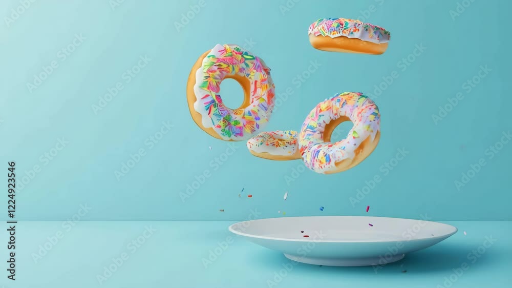Poster four colorful glazed donuts with sprinkles are levitating over a white plate on a light blue backgro