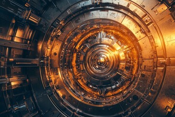 A sturdy, advanced bank vault door, equipped with an intricate locking system made of thick steel, bolts, and gears, emanates security and protection for valuable possessions