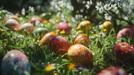 Festive Easter Eggs in a Green Garden: Brightly colored Easter eggs are scattered throughout a lush garden, celebrating the joyous arrival of spring and the joy of family traditions.