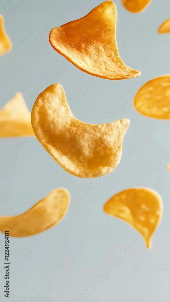 Poster several golden brown potato chips are levitating against a light blue backdrop, creating a visually 