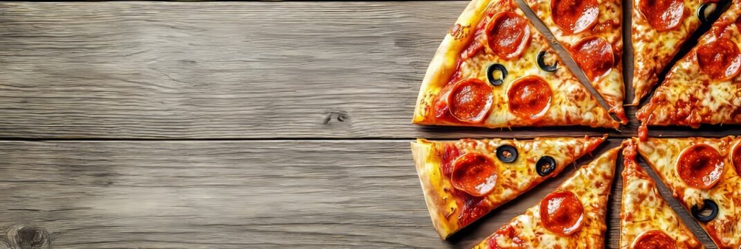 Delicious pepperoni pizza with olives, cut into slices on rustic wood, top view, copy space