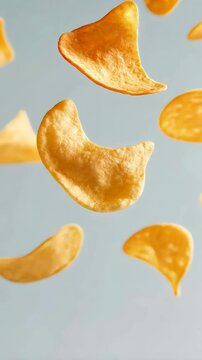 Several golden brown potato chips are levitating against a light blue backdrop, creating a visually appealing scene that suggests snacking and enjoyment