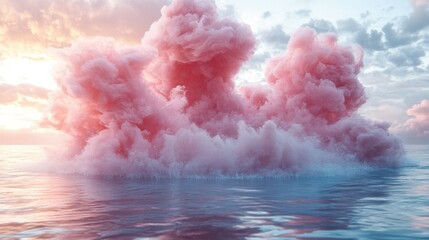 Naklejka premium Pink Cloudscape over Serene Ocean: A Dreamlike Digital Artwork